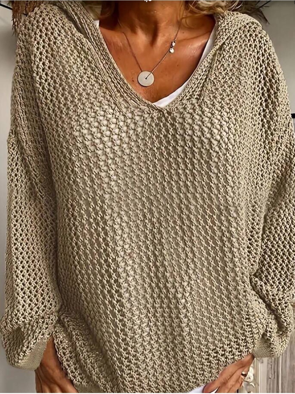 Plus Size 2XL Women Khaki Drop Shoulder Long Sleeve Hooded Pullover Sweater